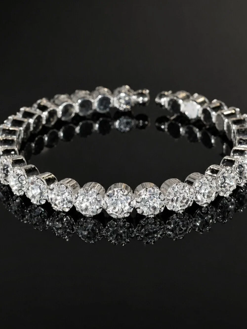 Sparkly Crystal Tennis Bracelet Silver Tone Open Cuff Bracelet